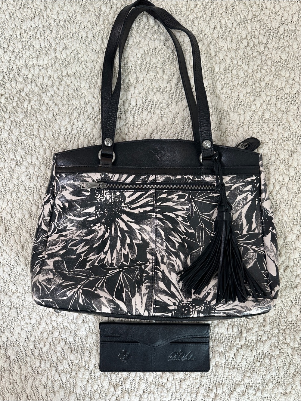 Patricia Nash Leather Black White Sunflower Tote Bag Purse & Matching Wallet Set